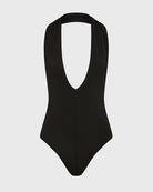 Black swimsuit on a light gray background