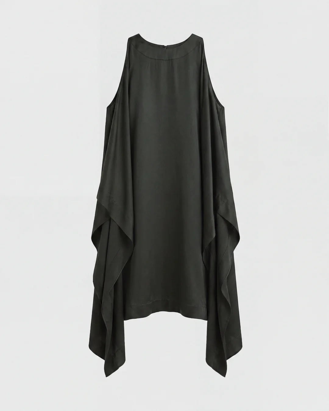 Black sleeveless dress with draped design on a white background