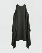 Black sleeveless dress with draped design on a white background