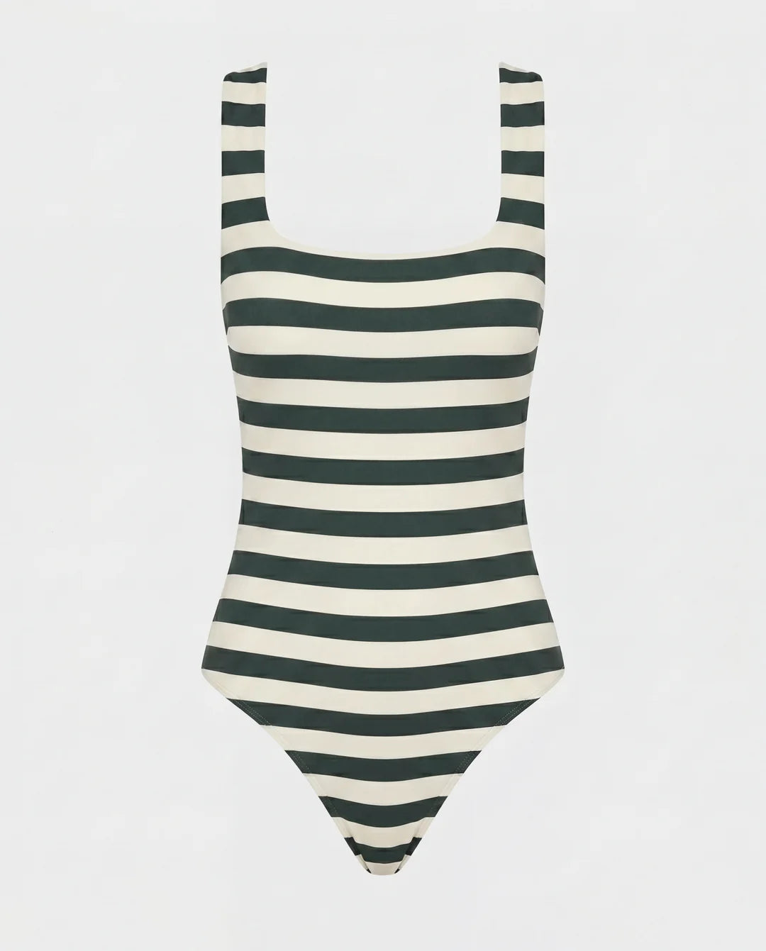 Green and white striped swimsuit on a light gray background