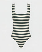 Green and white striped swimsuit on a light gray background