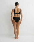 Person wearing a black bikini set on a plain background