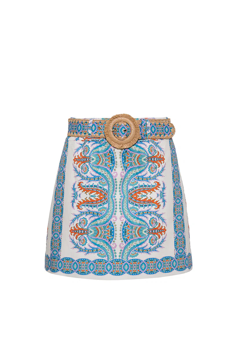 Skirt with a decorative pattern and belt on a white background