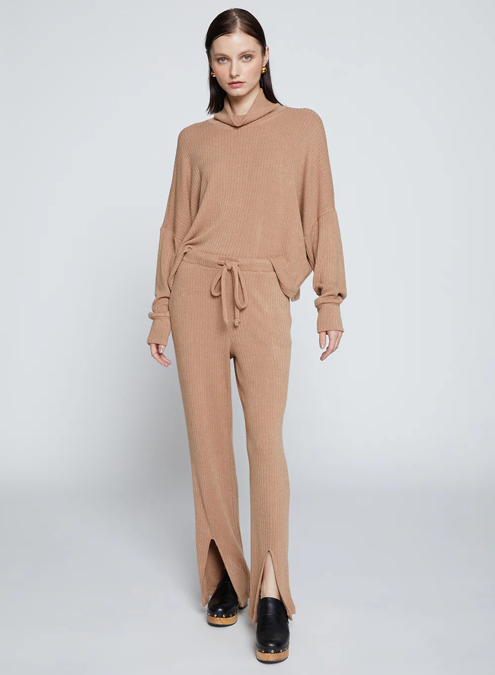 stateside tan wool front slit lounge pants