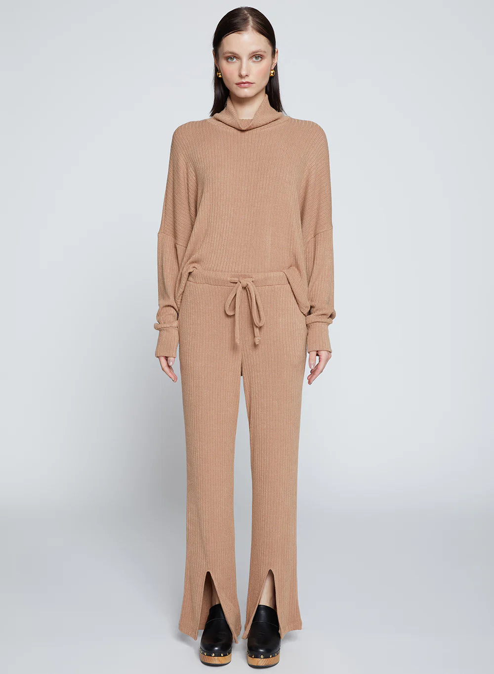 stateside tan wool front slit lounge pants