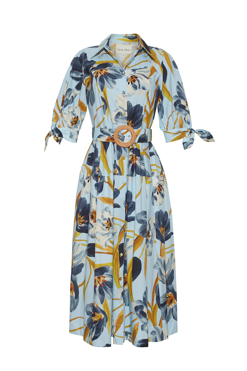 Floral dress with a belt on a white background