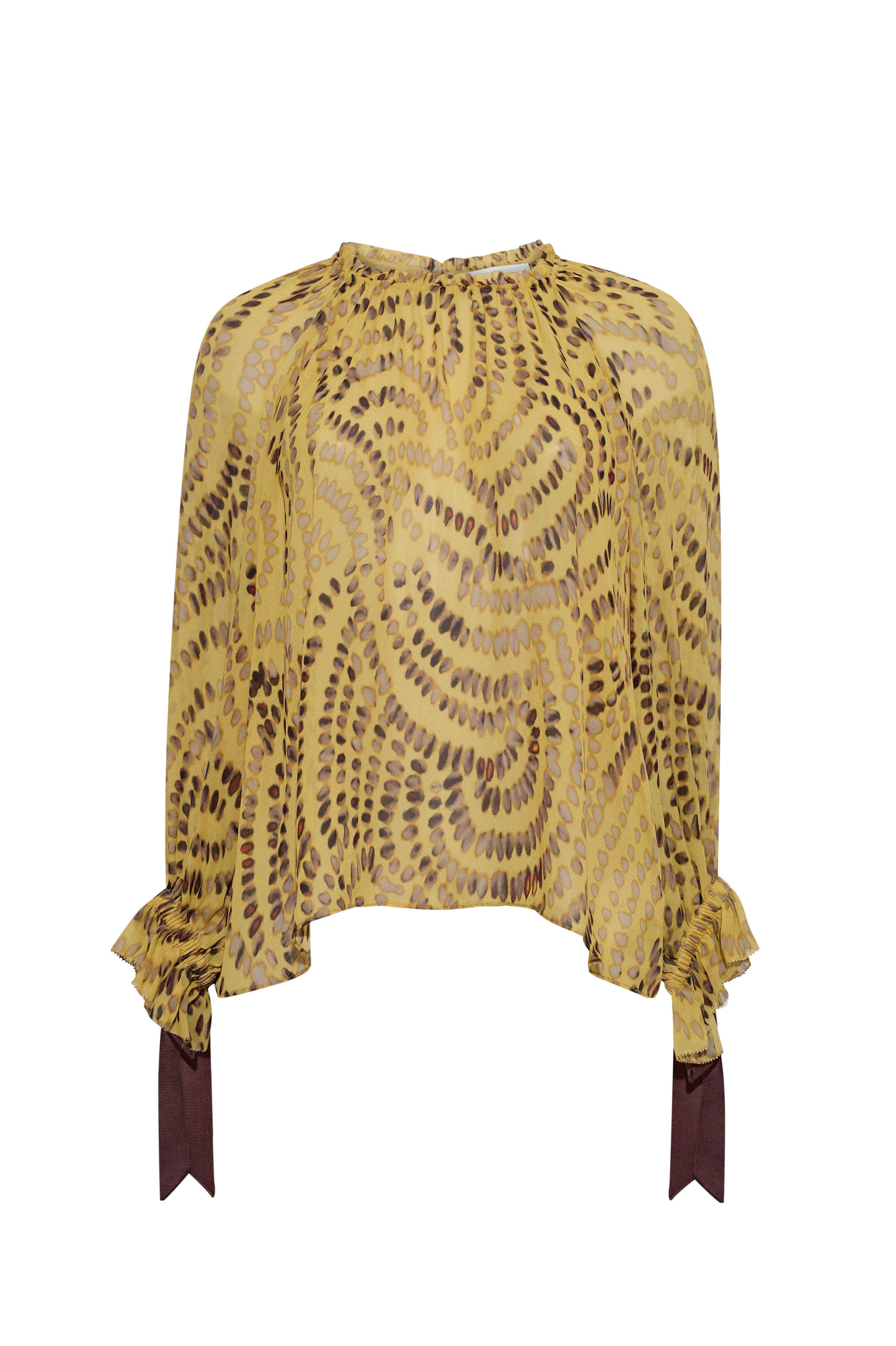 A yellow and brown patterned blouse with long sleeves, ruffled cuffs, and dark brown ribbon ties at the hem, shown against a plain white background.