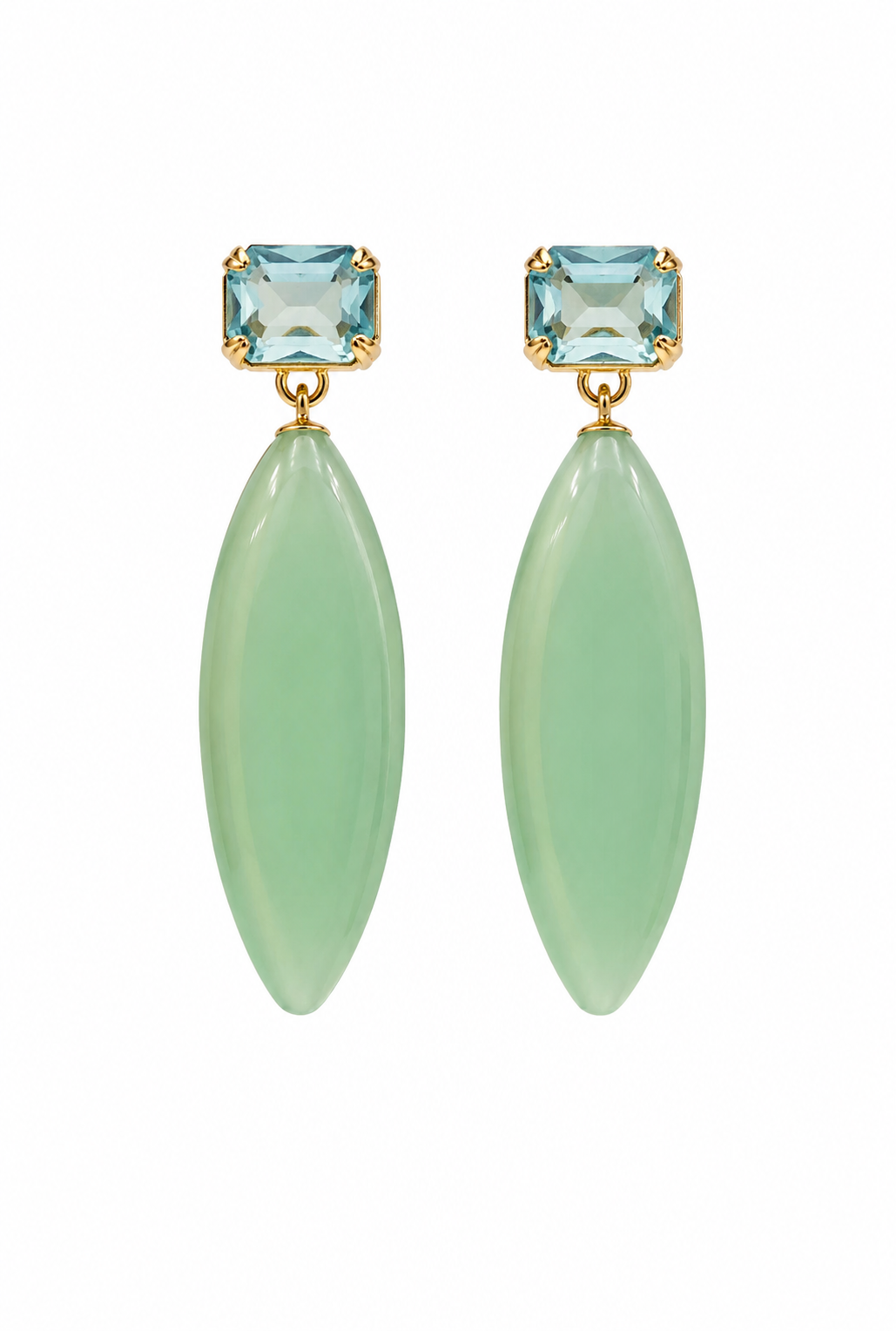 A pair of gold-tone drop earrings featuring a light blue rectangular gemstone at the top and a large, smooth, light green marquise-shaped drop below, set against a plain white background.