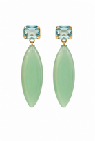A pair of gold-tone drop earrings featuring a light blue rectangular gemstone at the top and a large, smooth, light green marquise-shaped drop below, set against a plain white background.