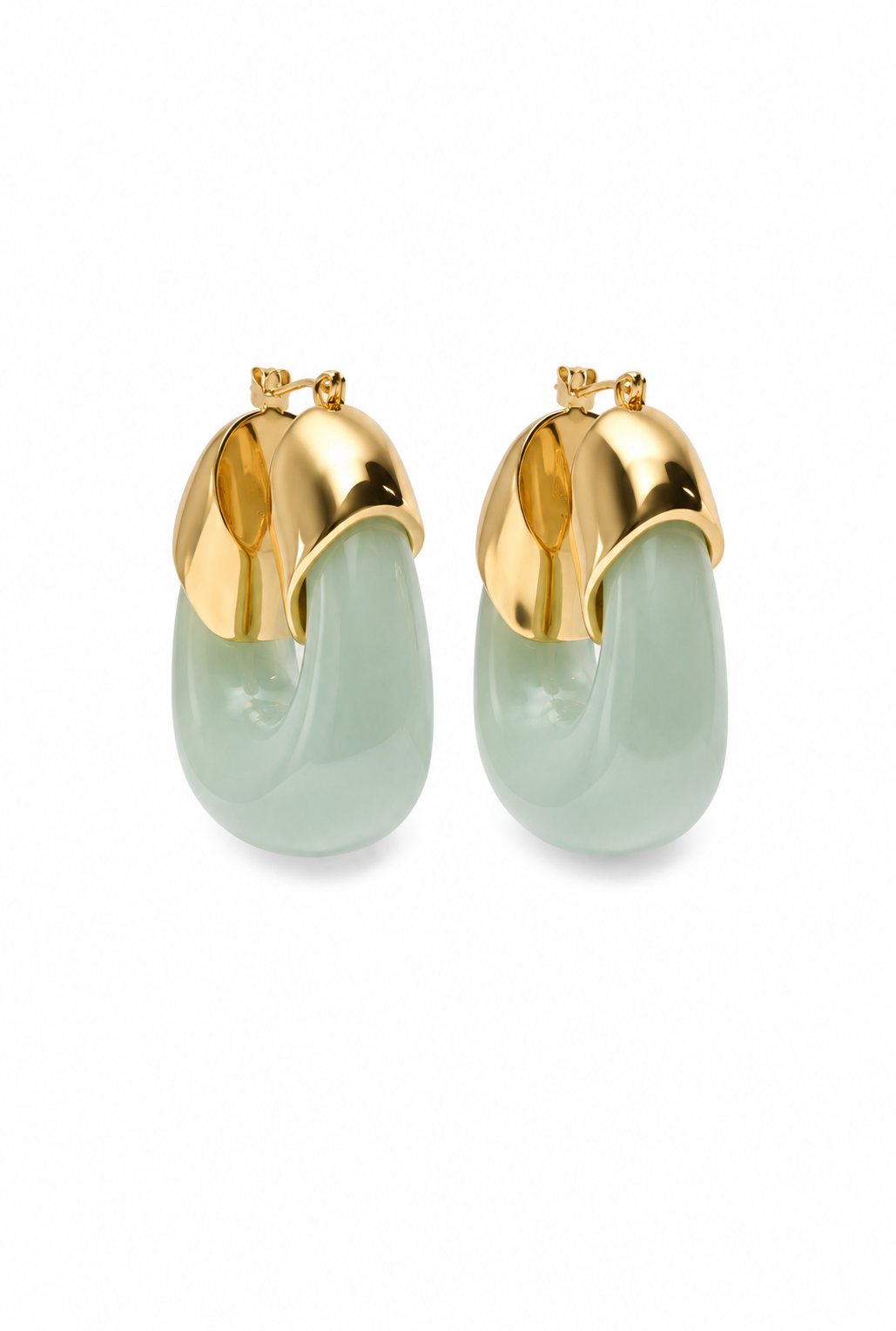 A pair of gold hoop earrings with a light green jade-like drop pendant, shown on a plain white background.