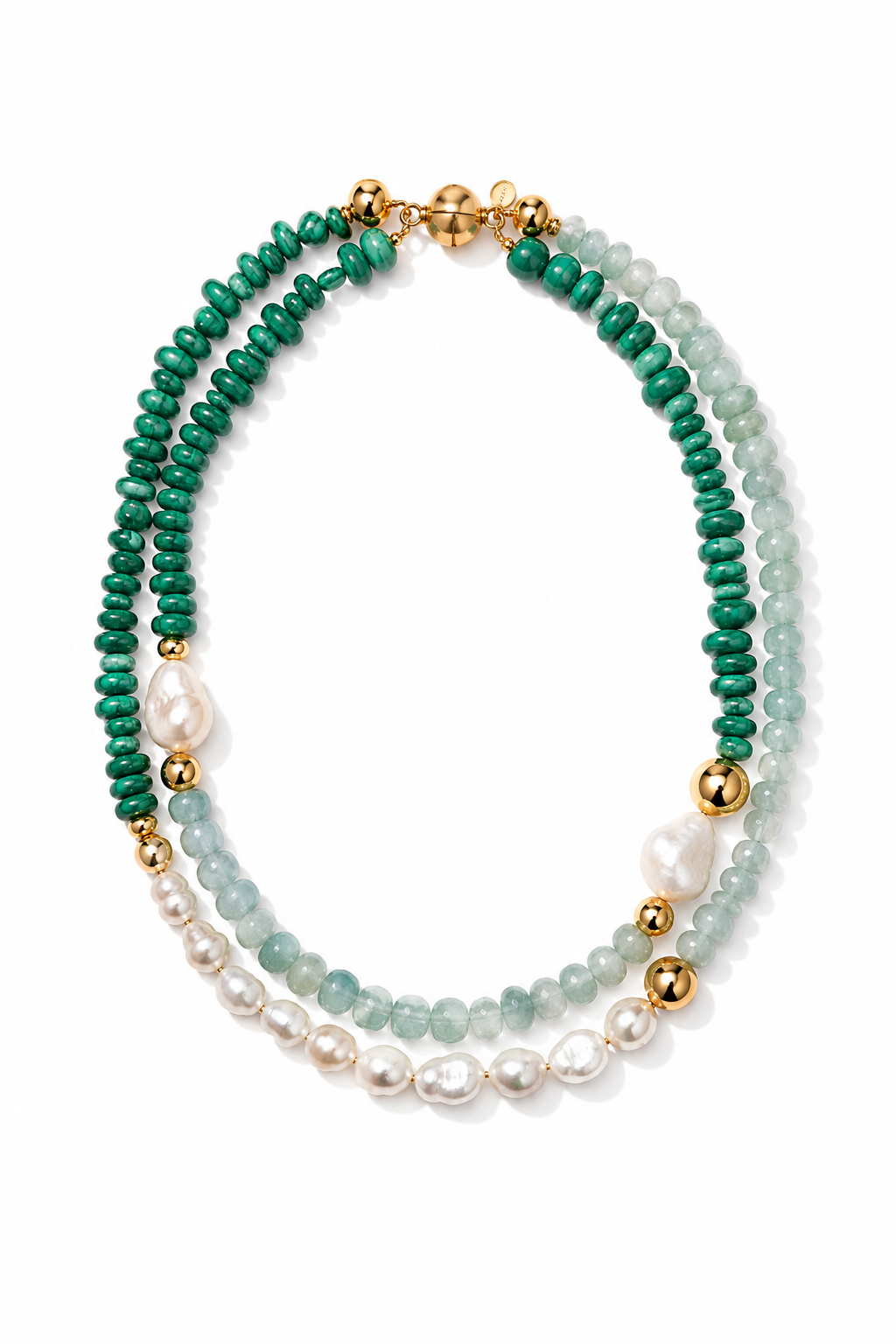 A multi-strand beaded necklace featuring green malachite beads, pale green jade beads, white pearls, and gold-tone metal accents, displayed on a clean white background.
