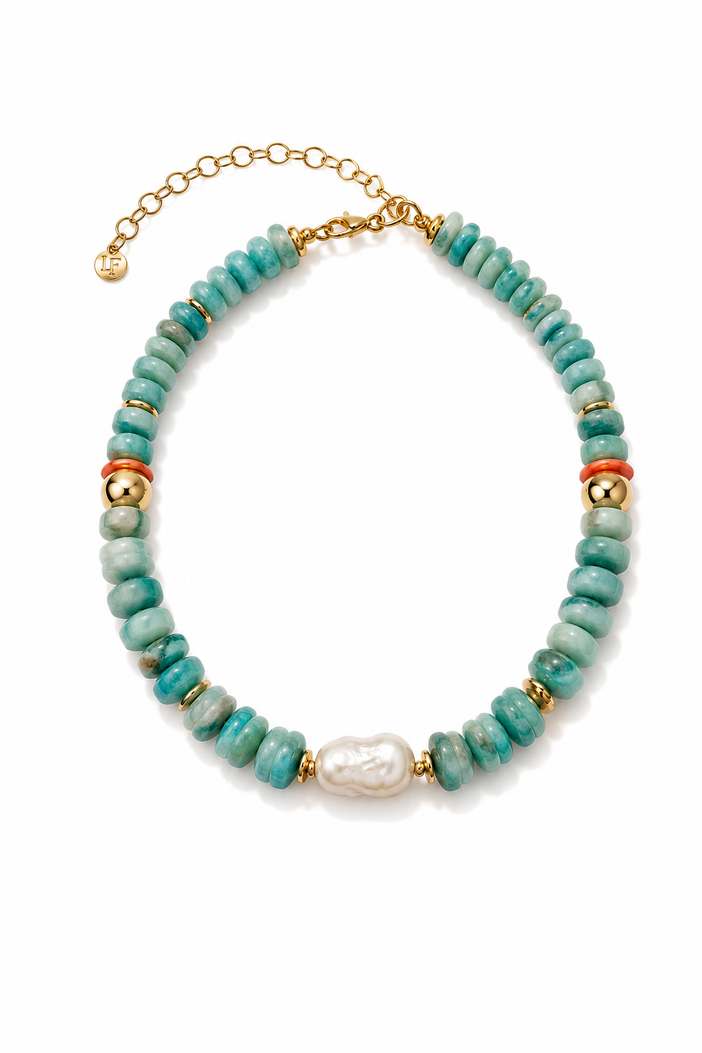 A beaded necklace featuring round turquoise-blue beads, gold spacer rings, two small orange-red beads, and a central irregular white pearl, displayed on a clean white background.