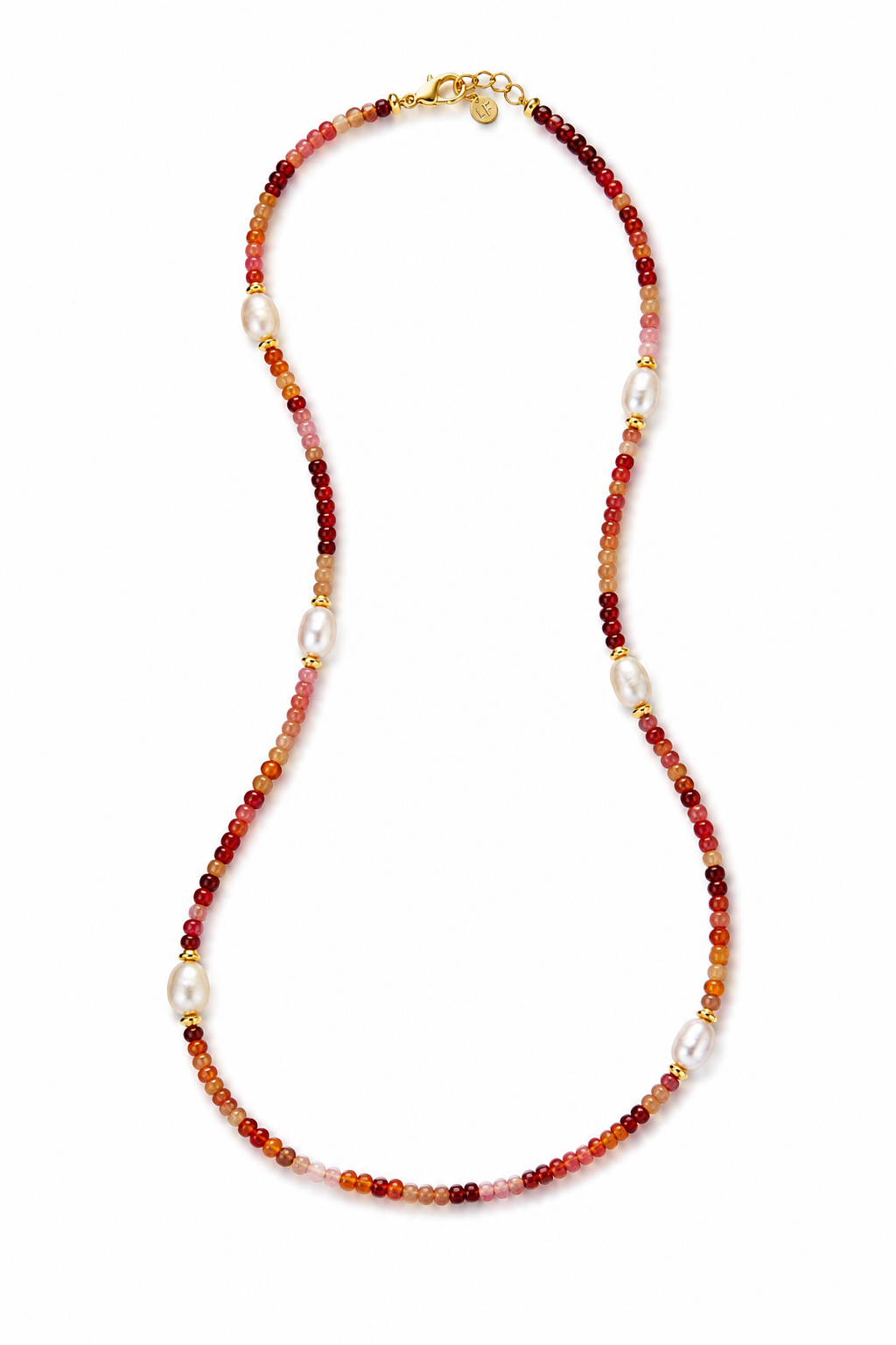 A beaded necklace featuring alternating strands of warm red-orange beads and white baroque pearls, accented with small gold spacer rings and a gold clasp, shown on a plain white background.