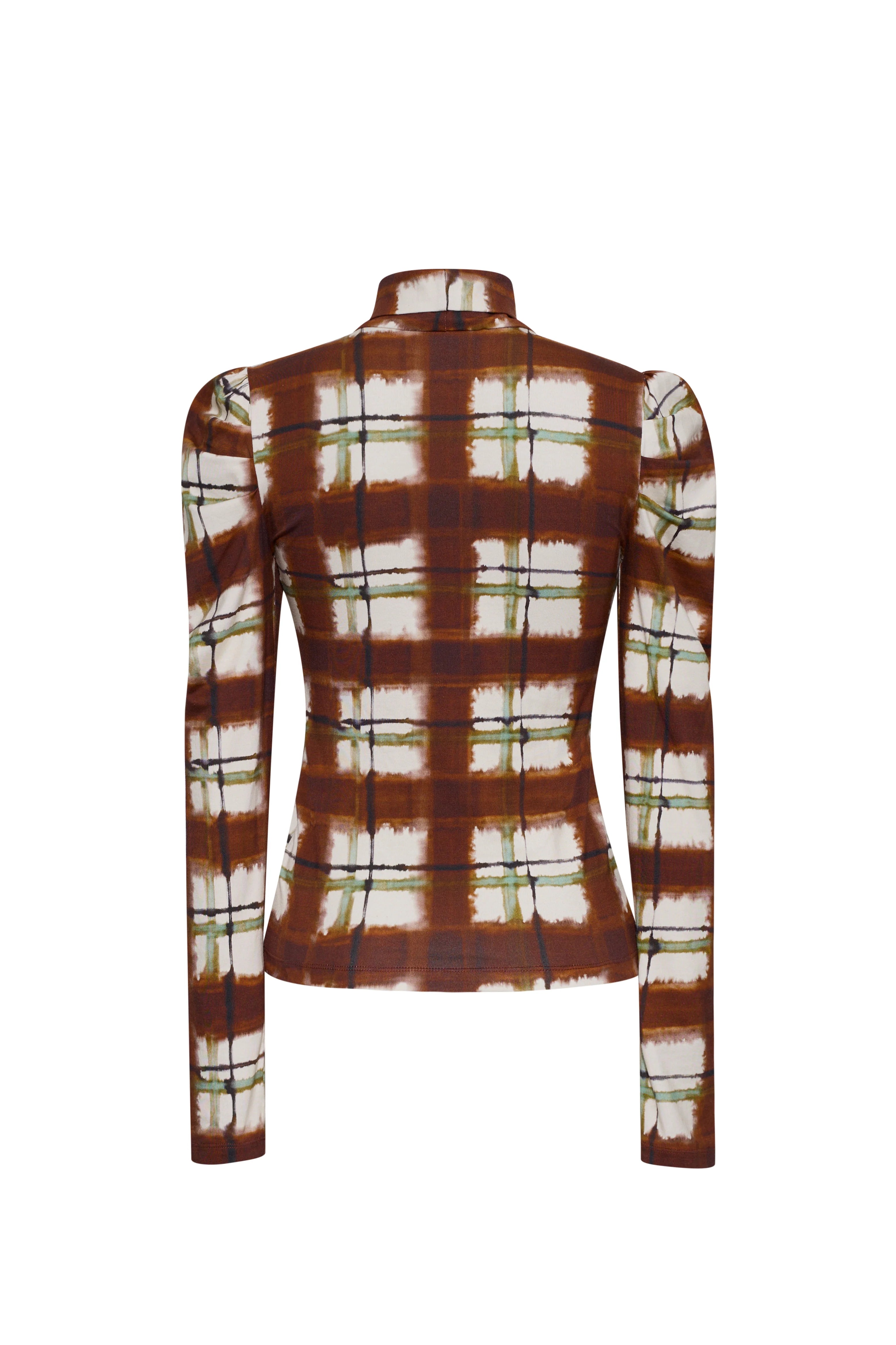Plaid shirt with brown and white pattern on a white background