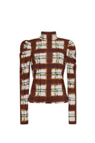 A long-sleeve mock neck top with a brown, white, and green tie-dye plaid pattern, displayed on a clean white background.
