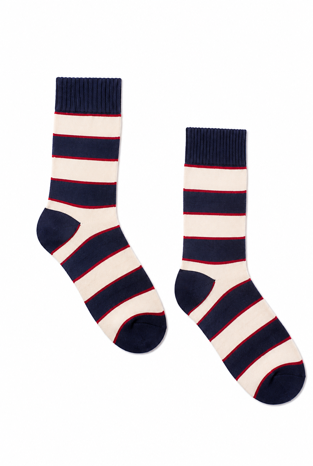 A pair of crew socks with horizontal stripes in navy blue, cream, and thin red lines, displayed against a plain white background.