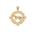 A gold pendant featuring a horse silhouette set against a circular sunburst design, shown on a plain white background.