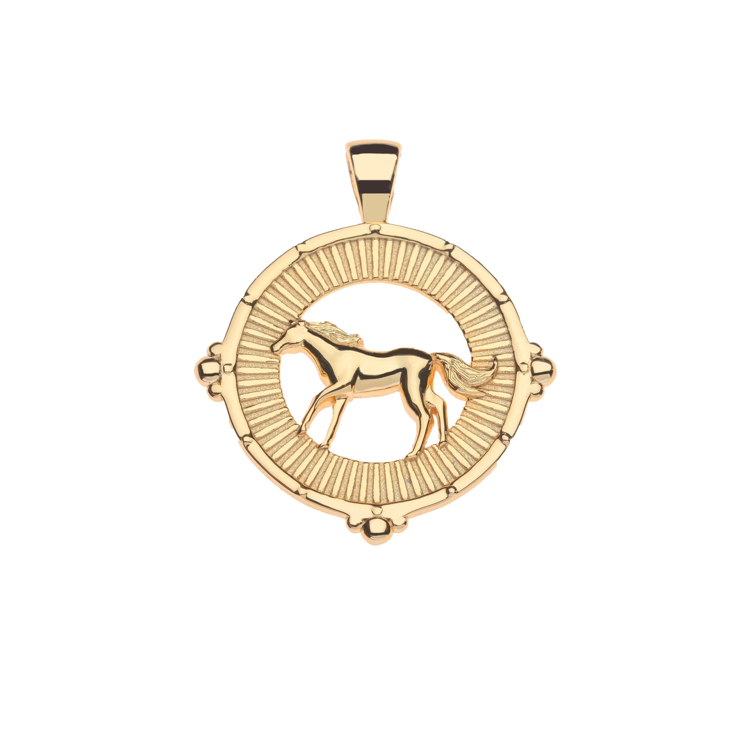 A gold pendant featuring a horse silhouette set against a circular sunburst design, shown on a plain white background.