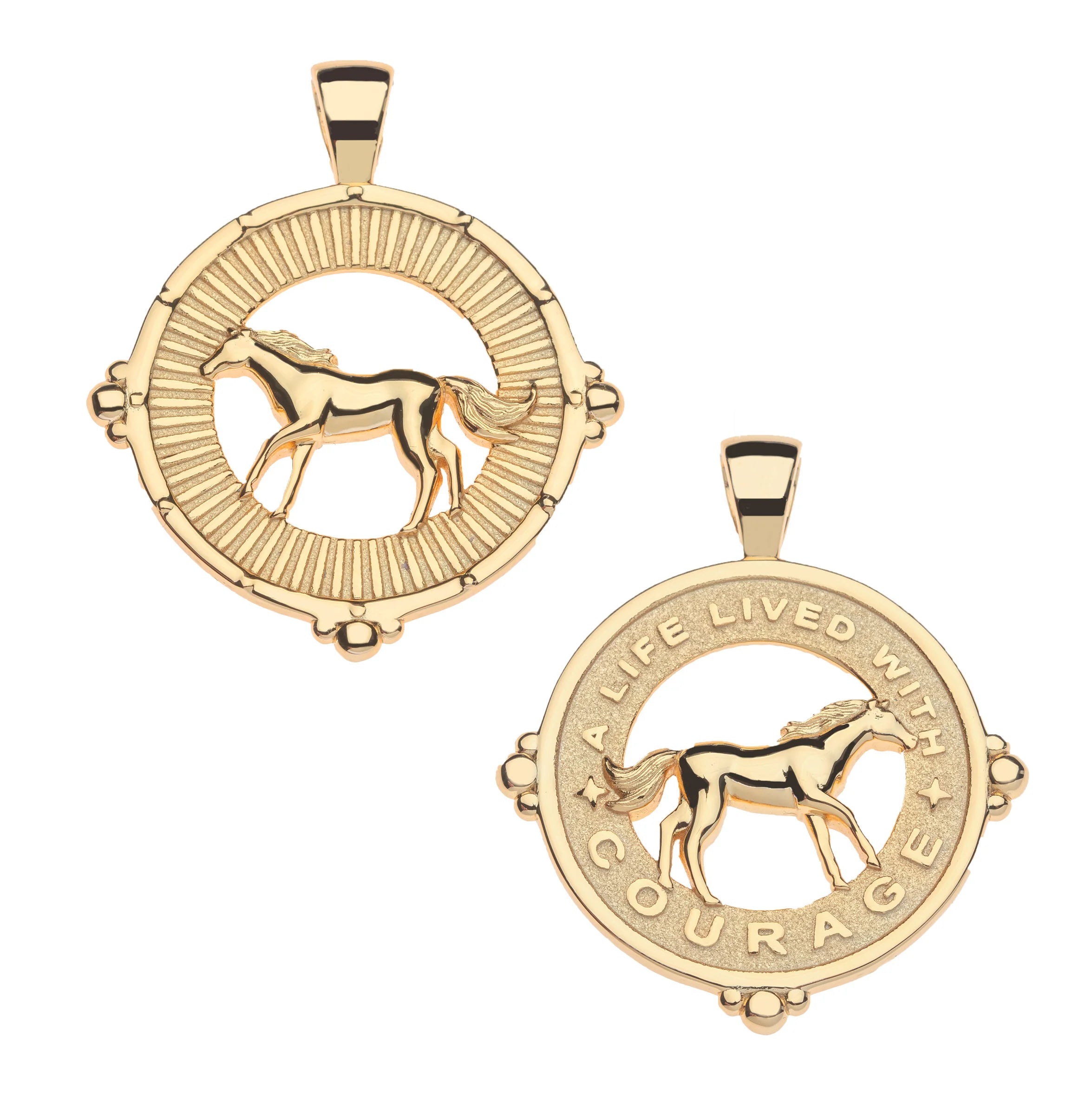 Gold pendant with horse design and engraved text on a white background