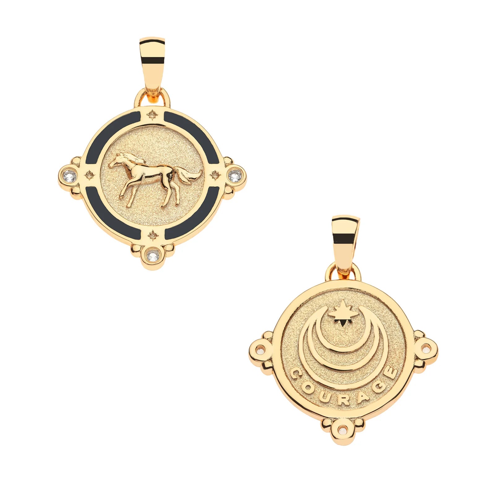Two gold-toned circular pendant charms on a white background, one showing a horse motif with black enamel and small clear stones, and the other showing a crescent and star design with the word COURAGE.