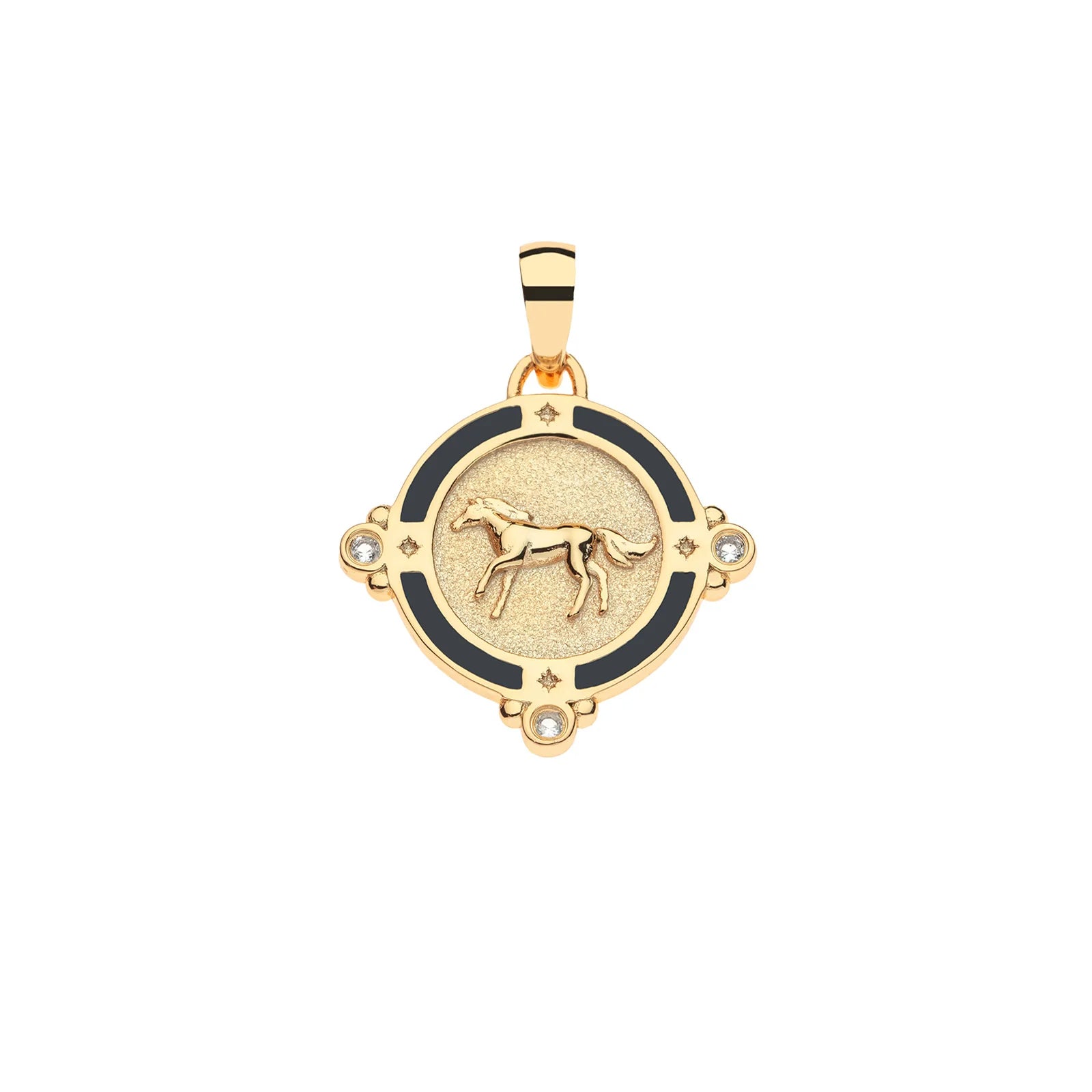 A gold-toned circular pendant featuring a raised horse motif in the center, surrounded by a black ring and small clear stones, shown on a plain white background.
