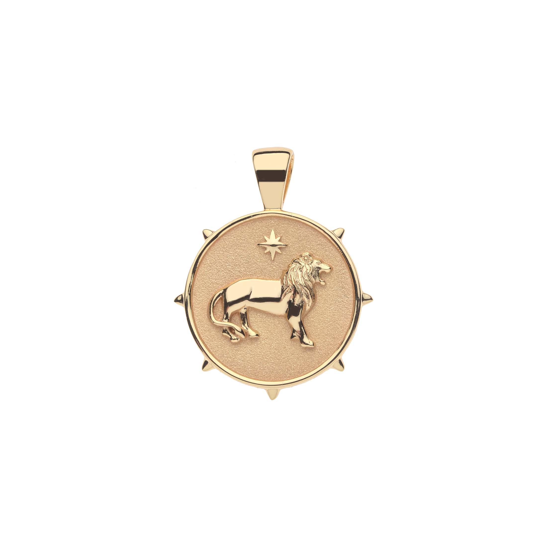 Gold pendant with a lion design on a white background