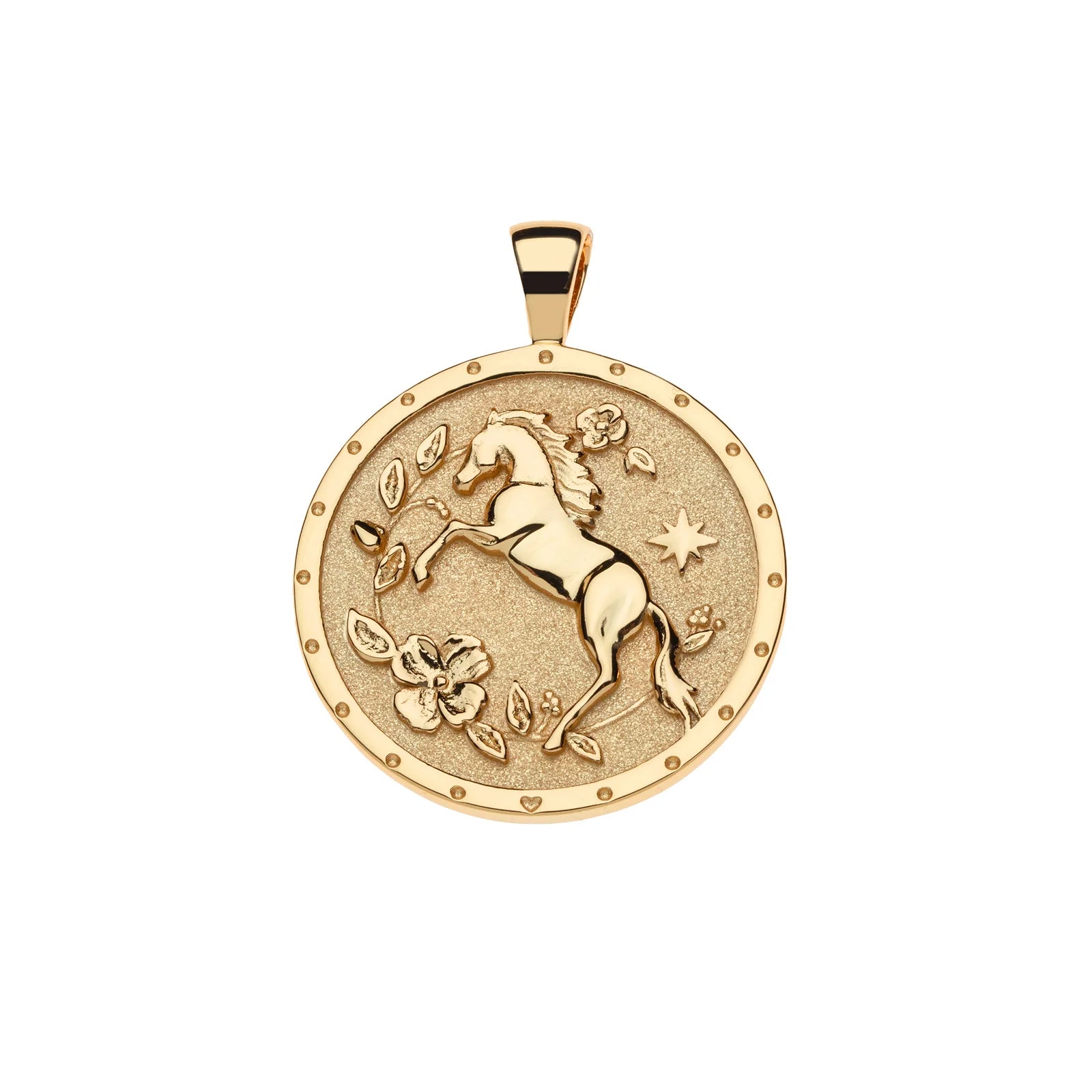 Gold unicorn pendant on a white background
