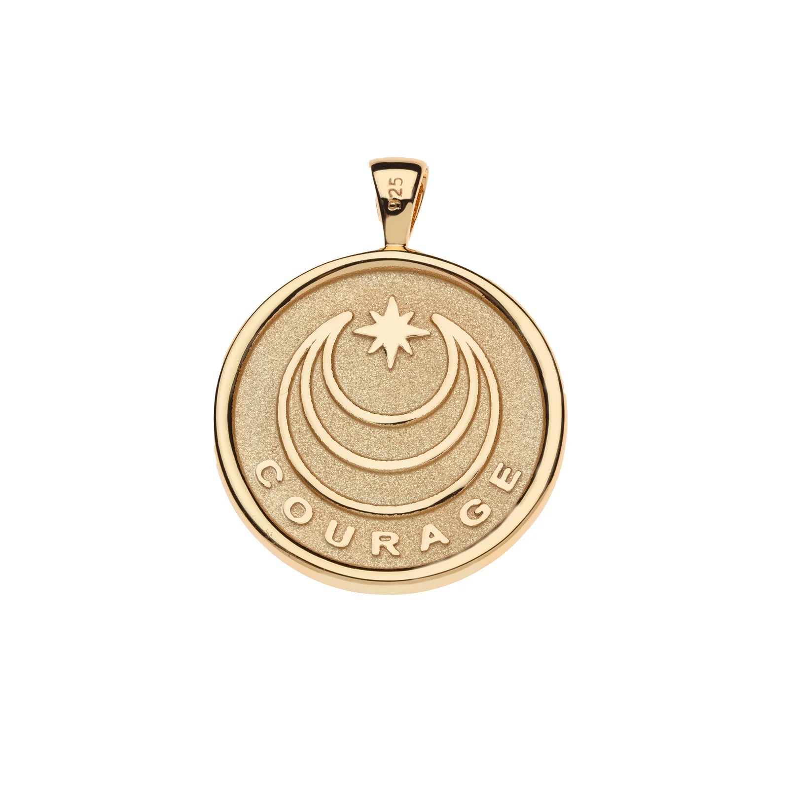 Gold pendant with 'COURAGE' engraving on a white background