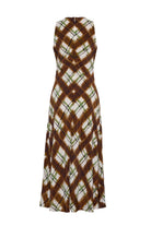 A sleeveless maxi dress with a brown and white diamond lattice pattern accented with thin green diagonal stripes, shown against a plain white background.