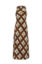 A sleeveless maxi dress with a brown and white diamond lattice pattern accented with thin green diagonal stripes, shown against a plain white background.