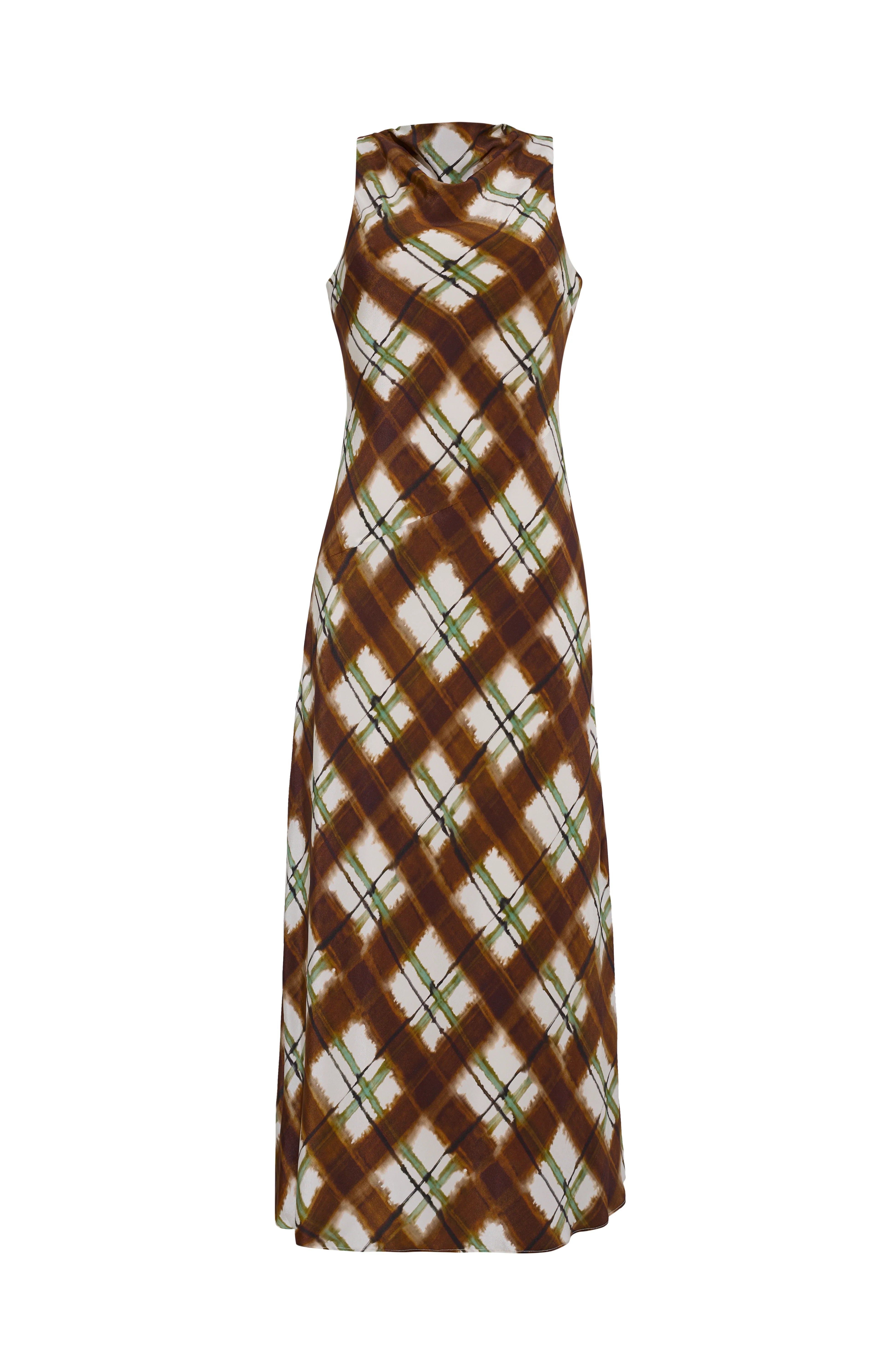 A sleeveless maxi dress with a brown and white diamond lattice pattern accented with thin green diagonal stripes, shown against a plain white background.