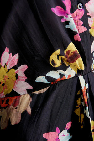 Floral Silk Mini Wrap Dress - Black