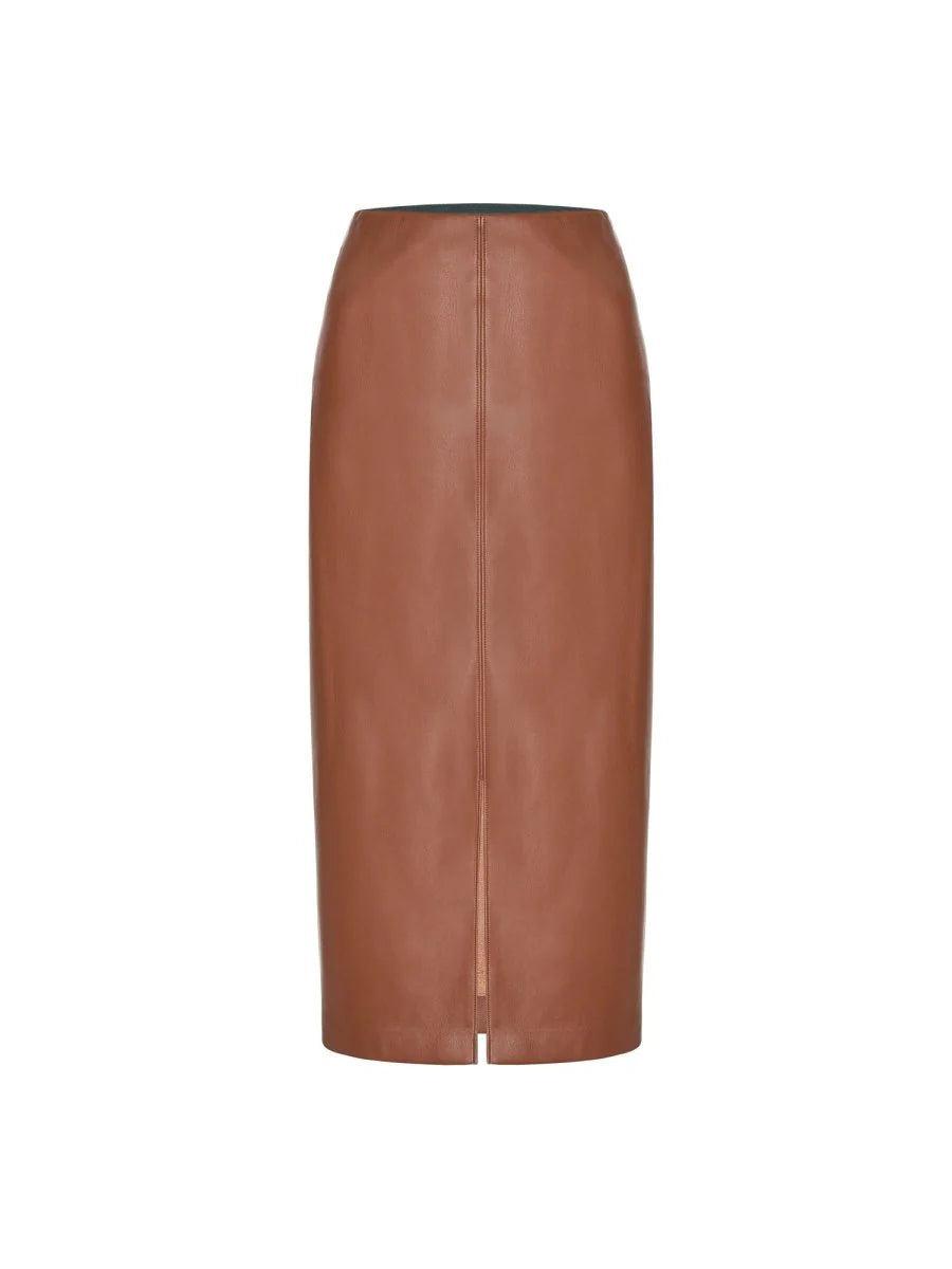 A brown leather pencil skirt with a front center slit, shown against a plain white background.