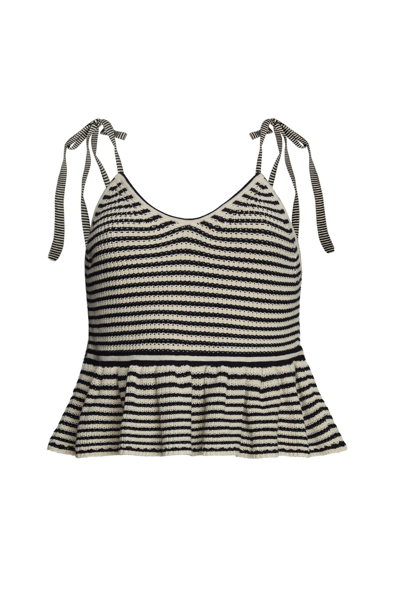 Black and white striped peplum top with thin straps on a white background