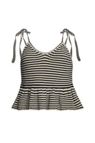 Black and white striped peplum top with thin straps on a white background