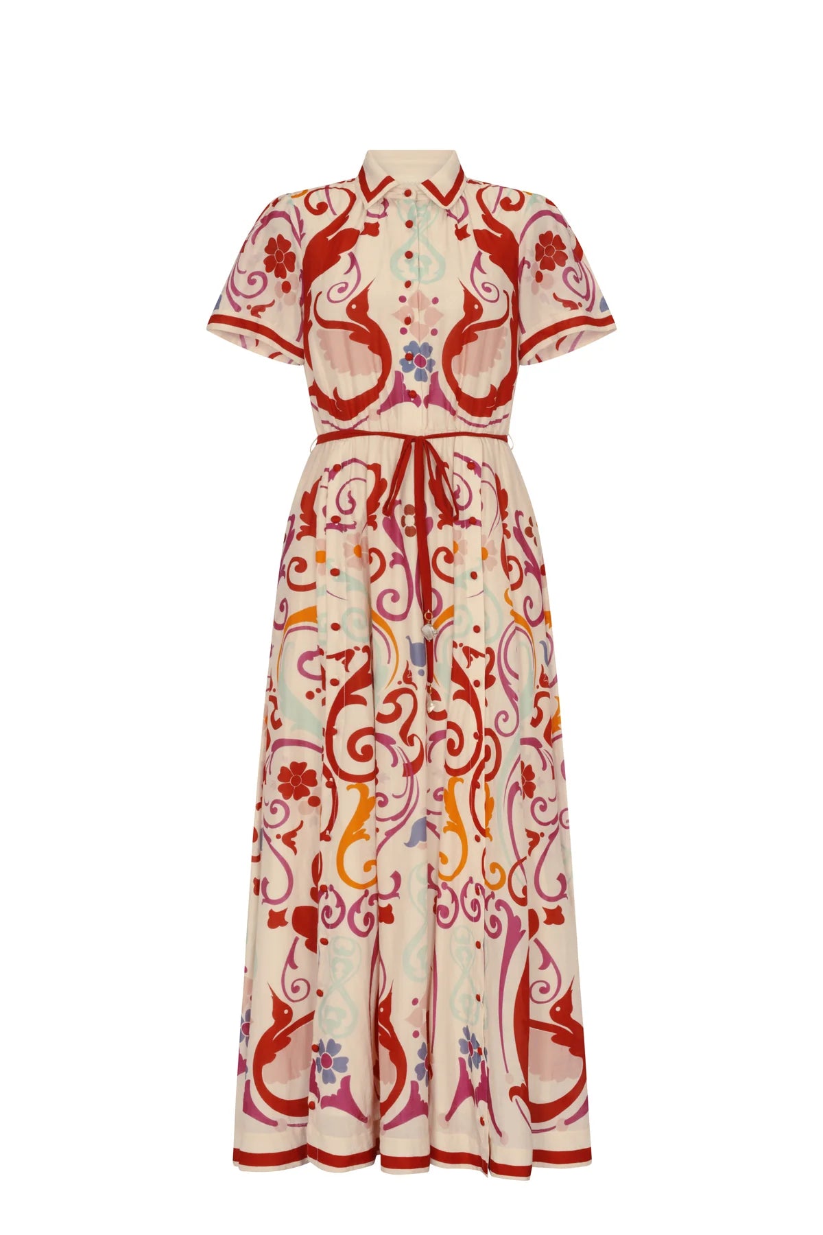 Long dress with a red and orange pattern on a white background