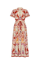 Long dress with a red and orange pattern on a white background