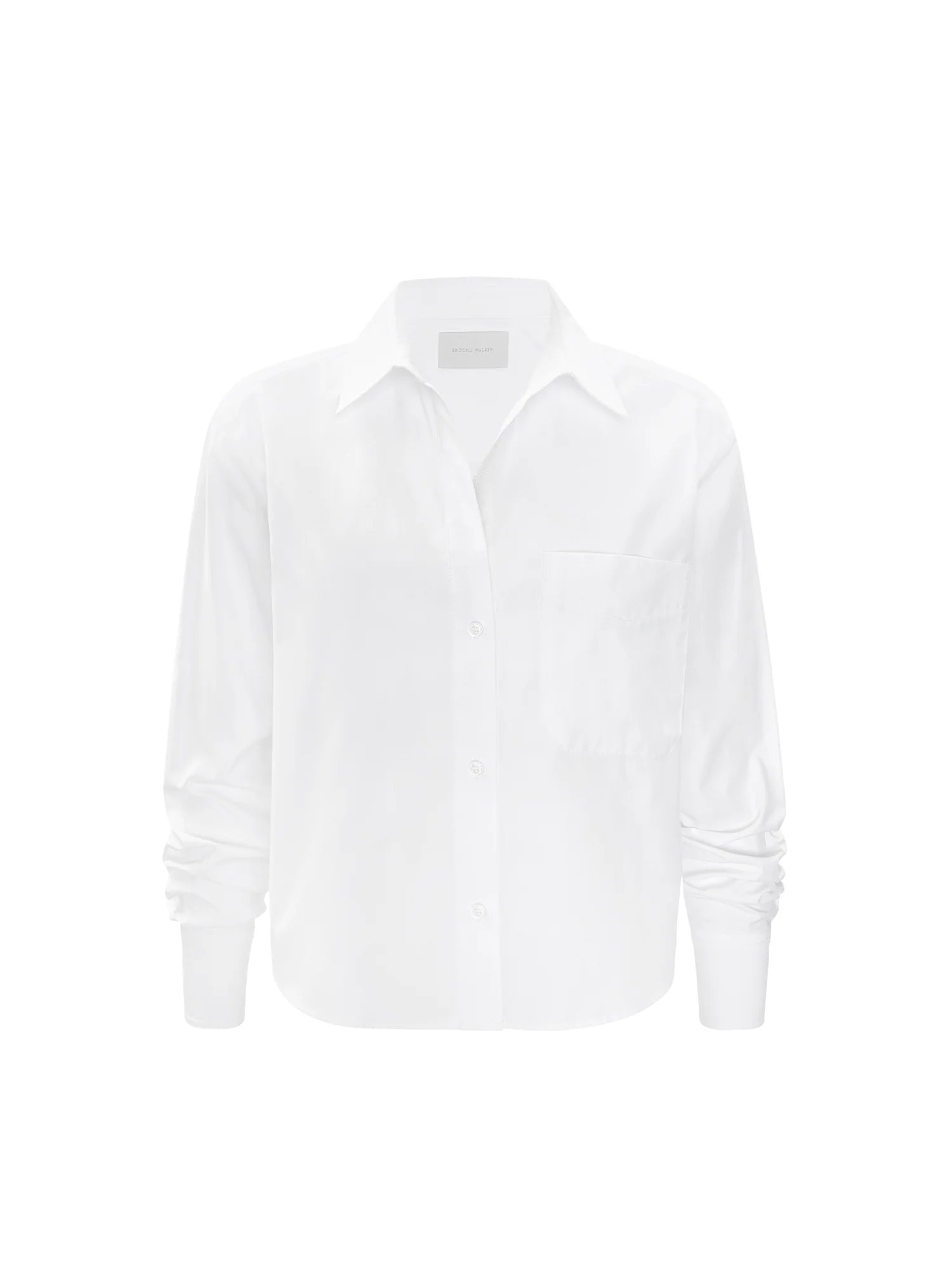 A white long-sleeve button-up shirt with a pointed collar and a chest pocket, shown on a plain white background.