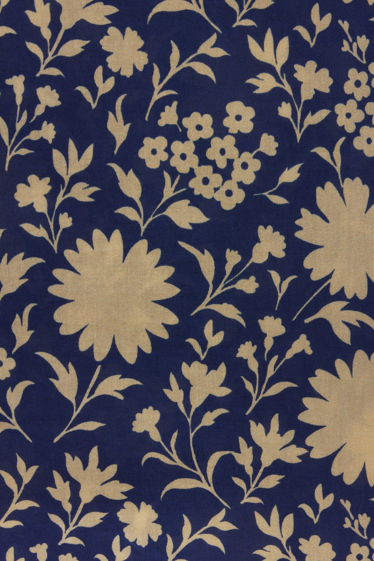 Floral pattern with beige flowers and leaves on a dark blue background