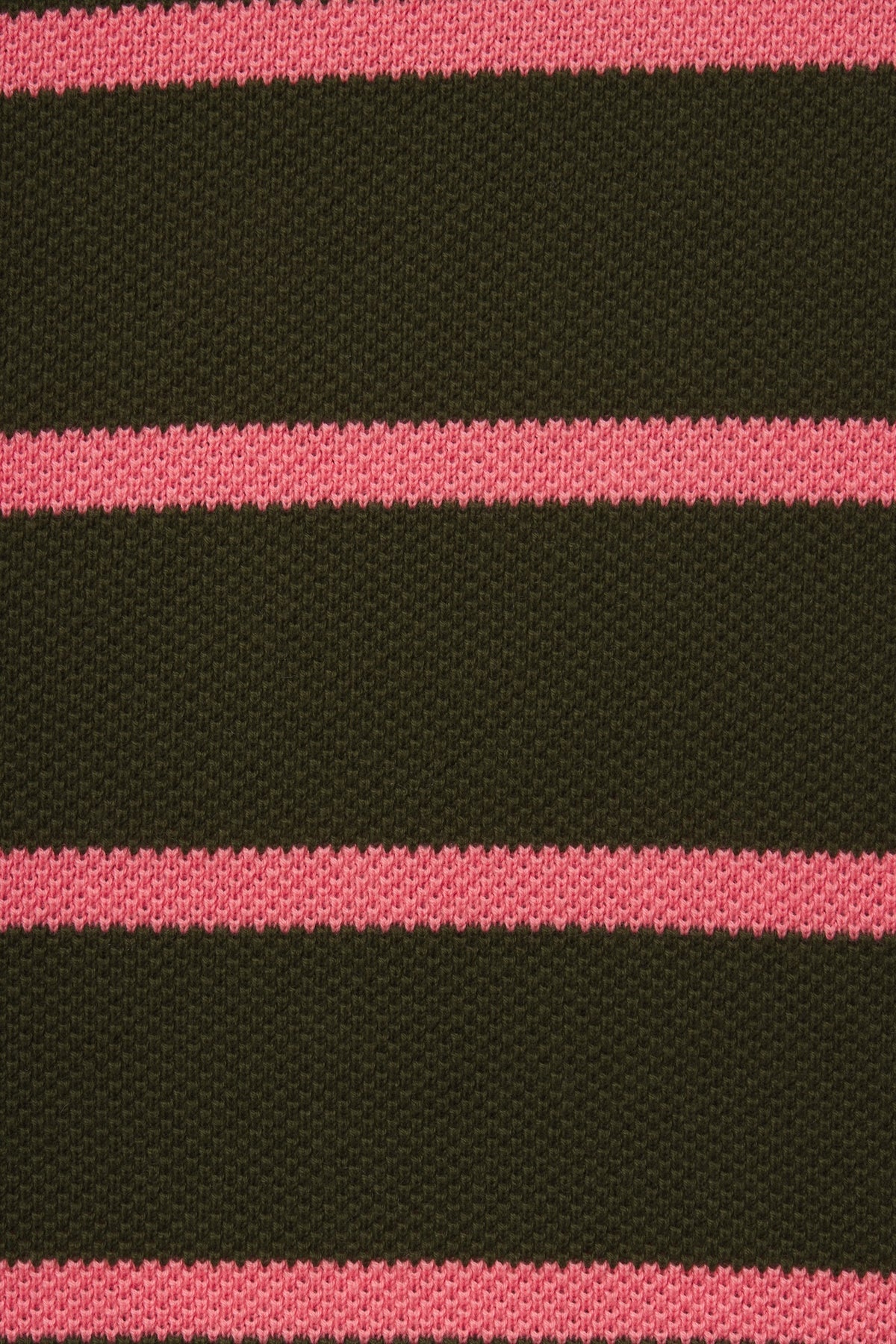 A close-up of a woven fabric texture with alternating wide dark olive green stripes and thin bright pink stripes.