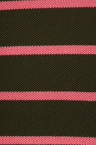 A close-up of a woven fabric texture with alternating wide dark olive green stripes and thin bright pink stripes.
