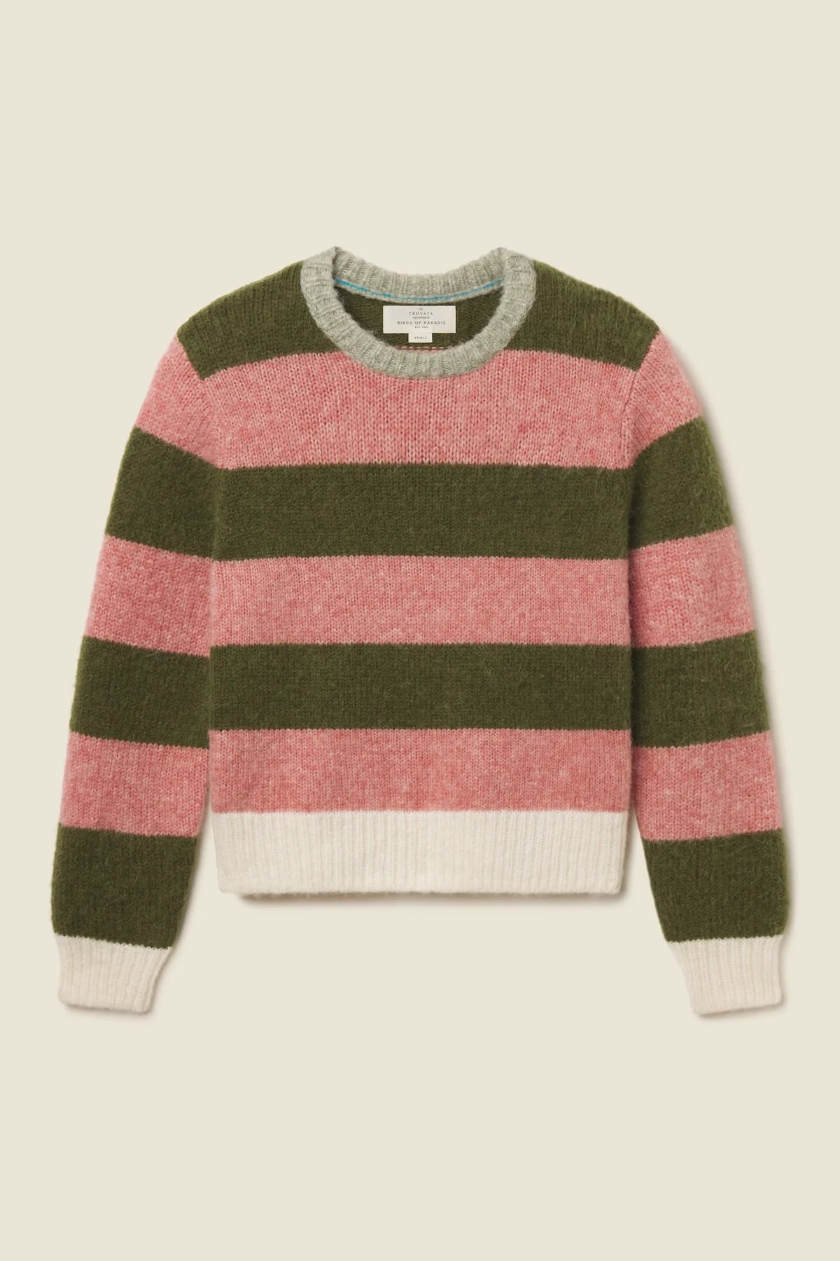A fuzzy knit crewneck sweater with horizontal stripes in olive green, dusty pink, and cream, featuring a light gray ribbed collar and cuffs.