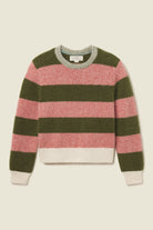 A fuzzy knit crewneck sweater with horizontal stripes in olive green, dusty pink, and cream, featuring a light gray ribbed collar and cuffs.