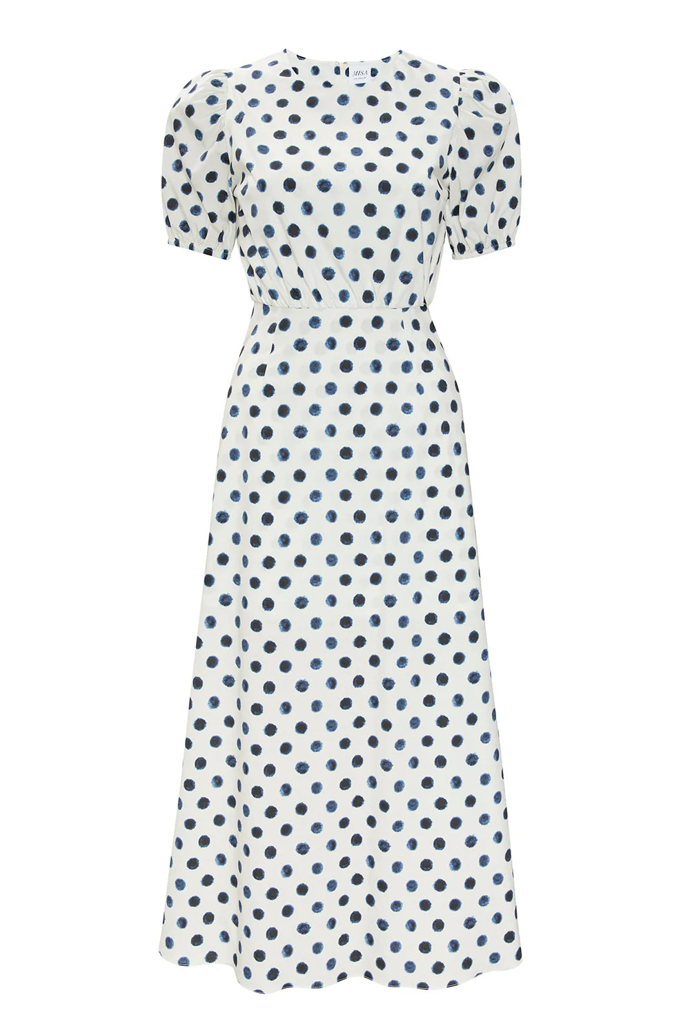 White dress with blue polka dots on a white background