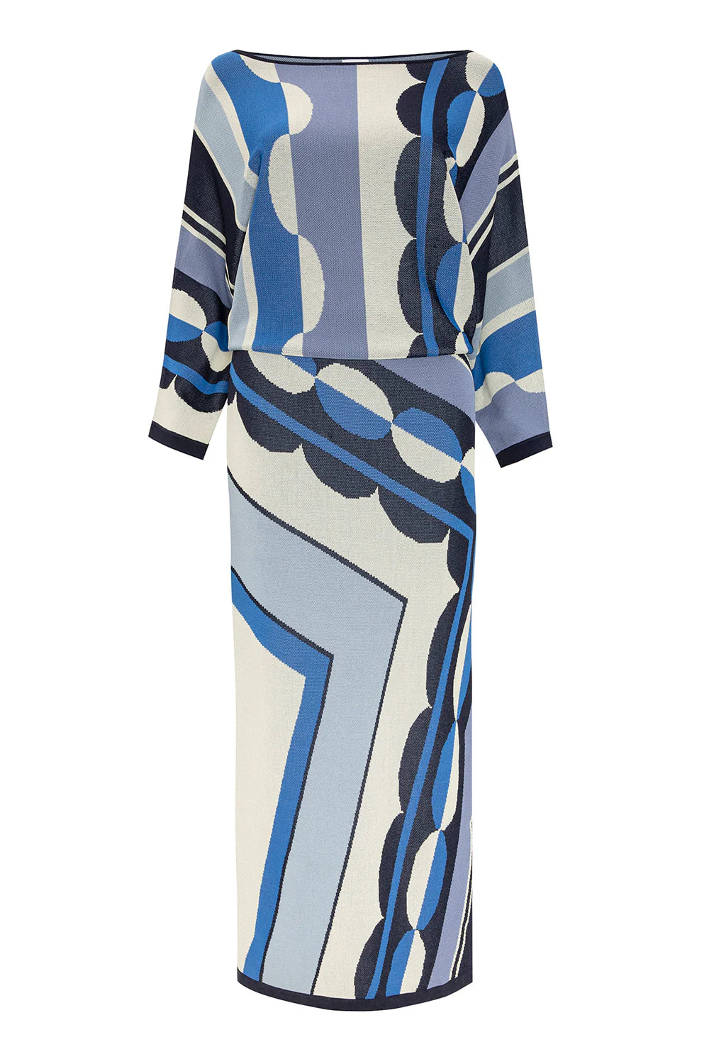 Patterned dress with blue, white, and black design on a white background