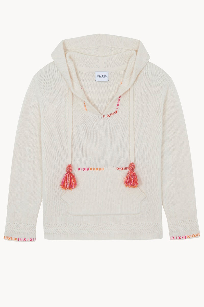 Beige hoodie with tassels on a white background