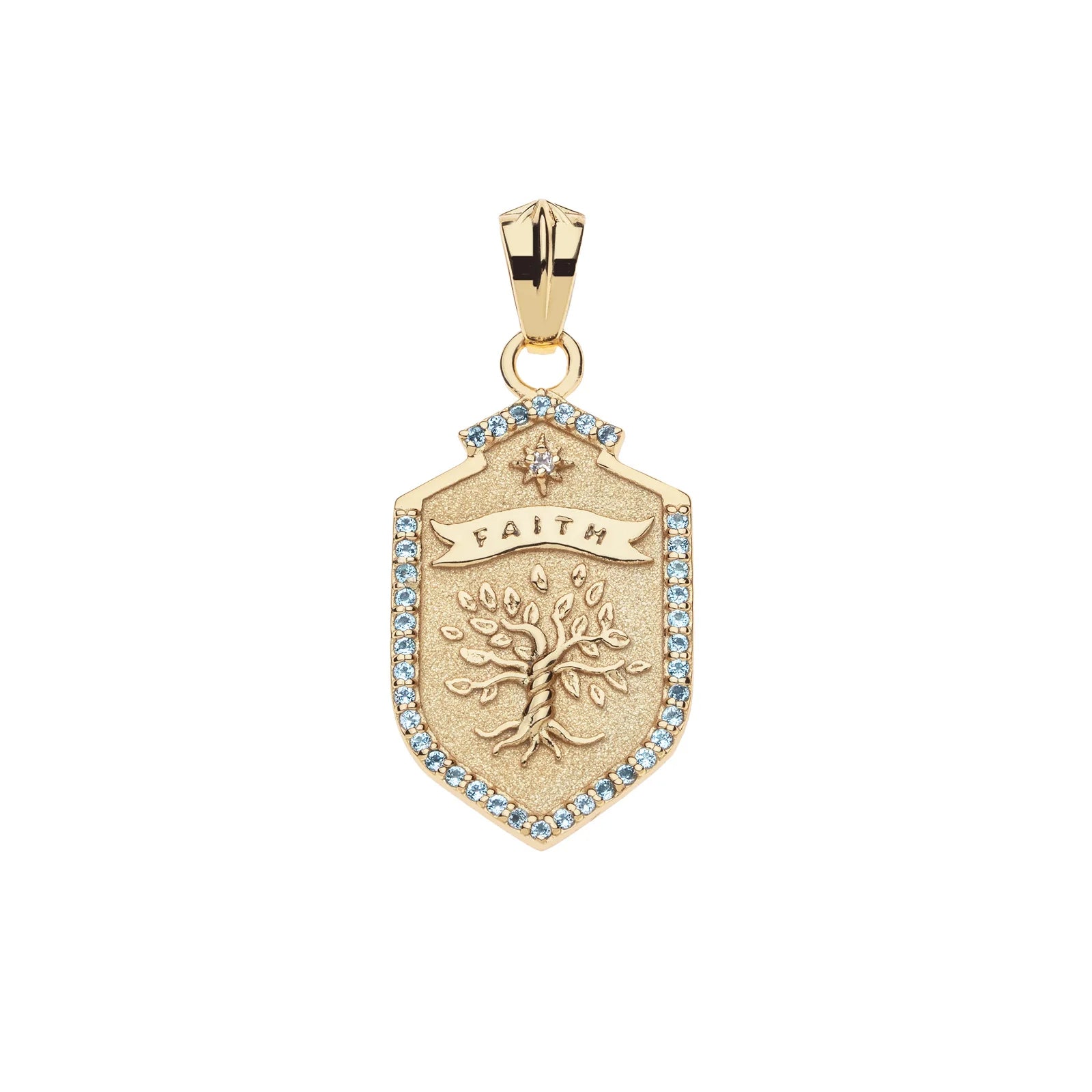 Gold pendant with 'Faith' and tree design on a white background