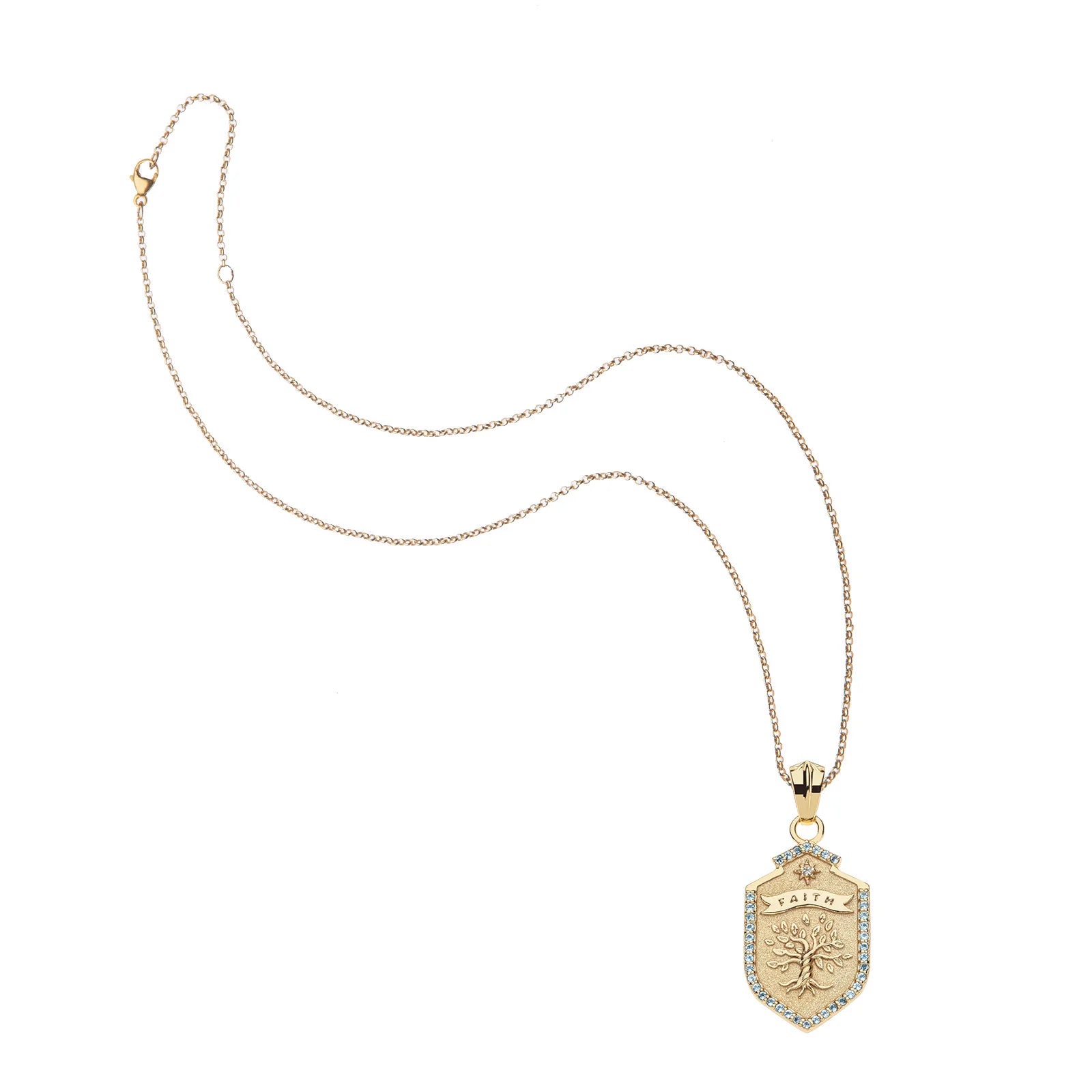 Gold necklace with a pendant on a white background