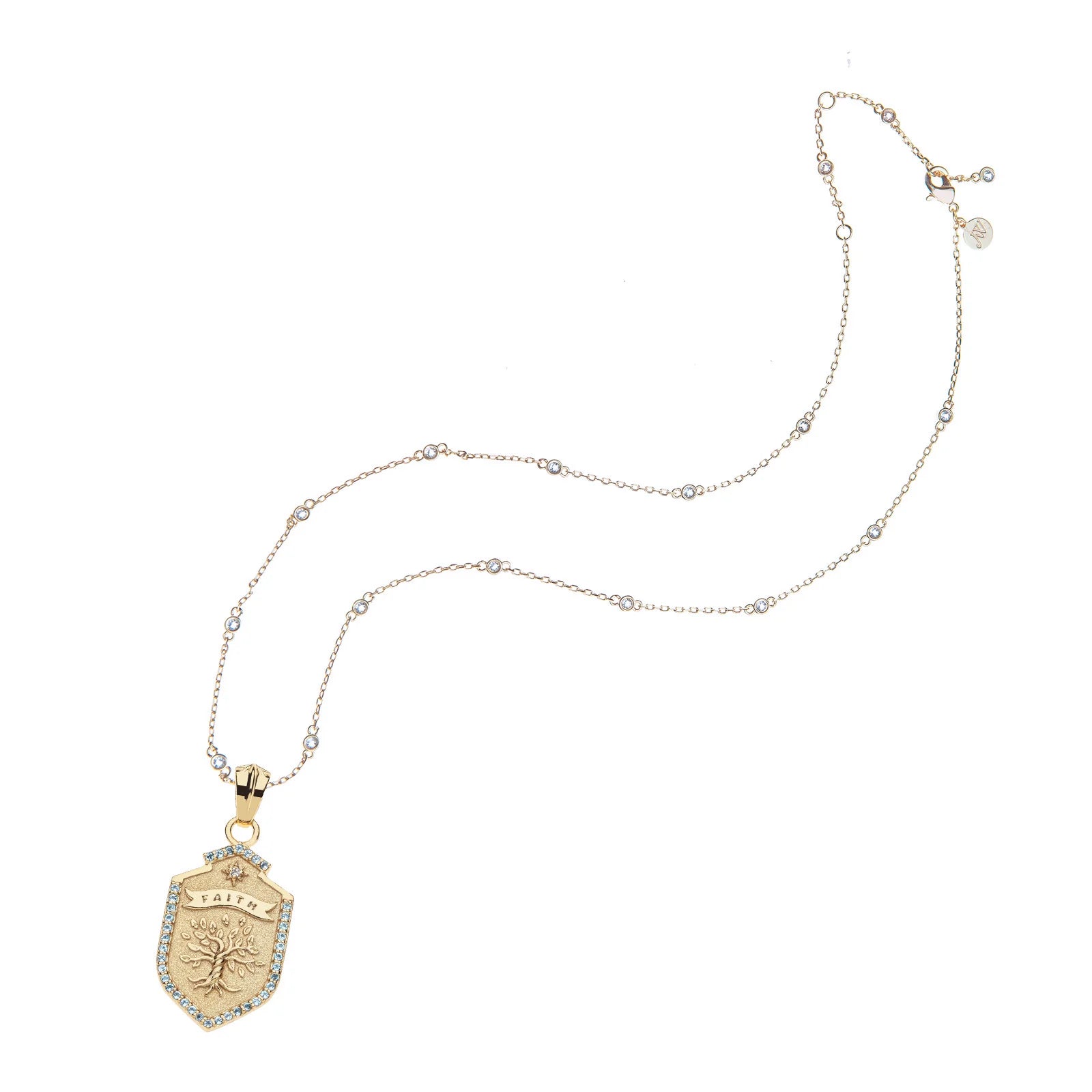 Gold necklace with a shield-shaped pendant on a white background