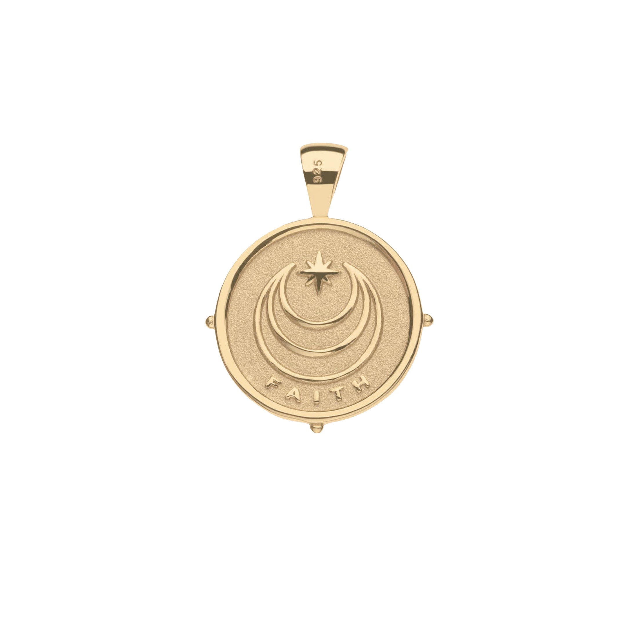 Gold pendant with 'FAITH' engraving on a white background